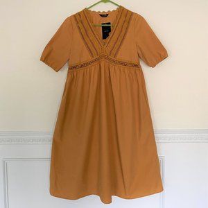 Babydoll High Waist Dress Yellow Lace V Neck Loose Puff Sleeve NTW S Cotton